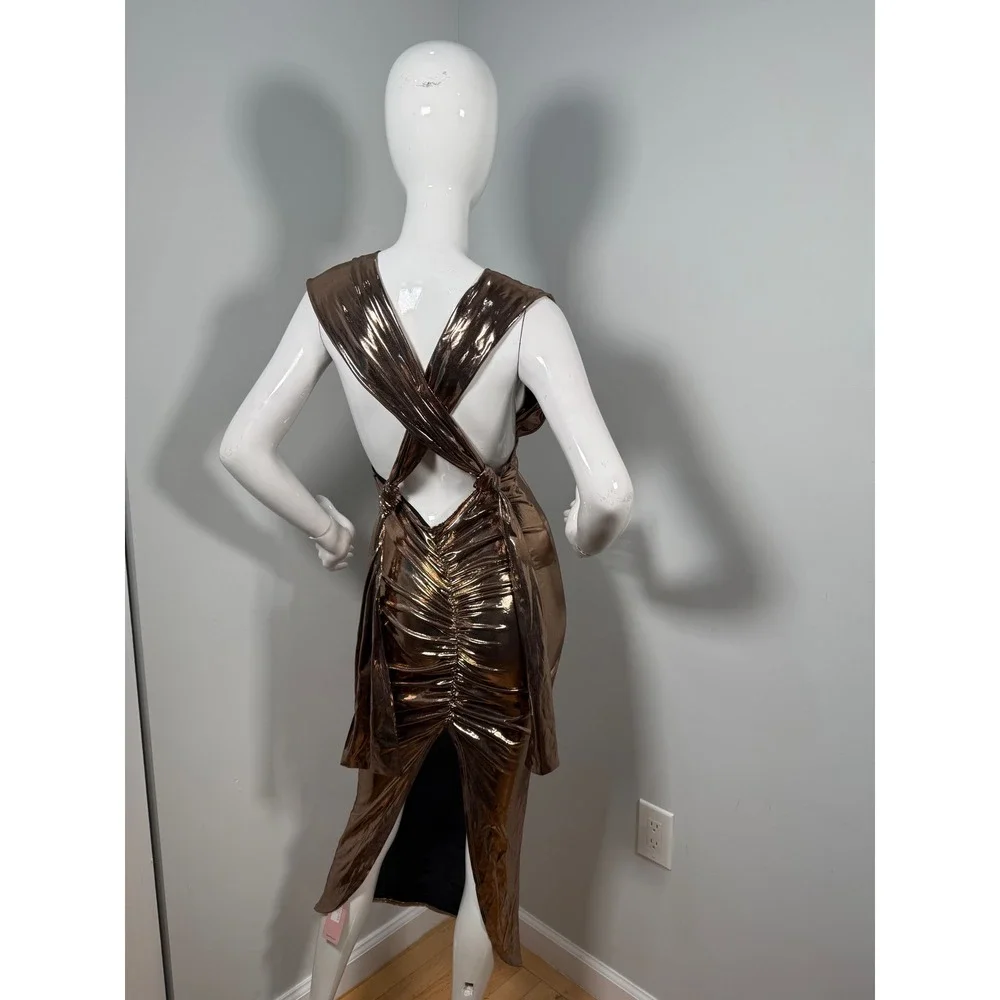 Micas Metallic Gold Open Back Midi Dress‎ size M